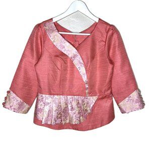 Vintage Thai-Style Pink Raw-Silk Peplum Blouse w/ Rear Buttons, Formal, Size XS